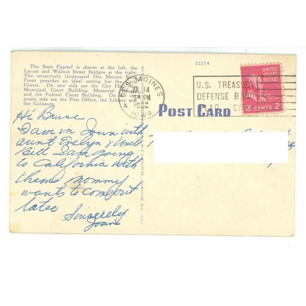 Vintage Postcard Des Moines Iowa‎ Riverfront USA Travel Posted Stamped Bridge